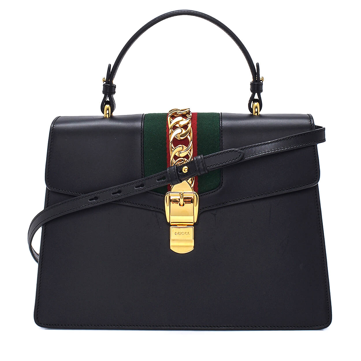 Gucci - Black Leather Web Striped Medium Sylvie Top Handle Bag